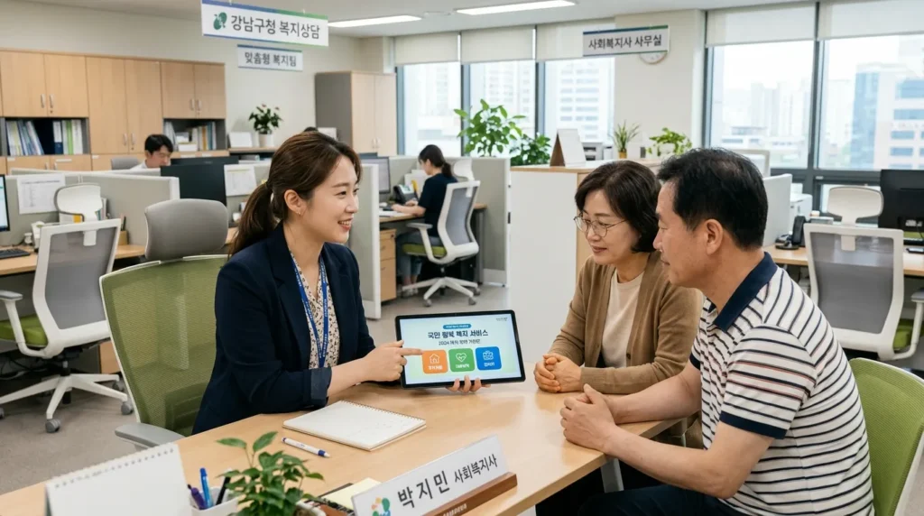 현대적인 정부 기관에서 근무하는 한국인 사회복지사가 중년 한국인 부부에게 복지 혜택에 대한 디지털 안내 책자를 설명하고 있다. 차분하고 정돈된 분위기다.