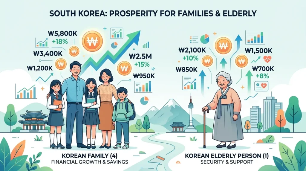 깔끔하고 미니멀한 인포그래픽으로, 한국 가족 네 명과 노인 한 명이 함께 등장하며, 움직이는 숫자는 통화를, 화살표는 경제 성장률을 나타낸다.