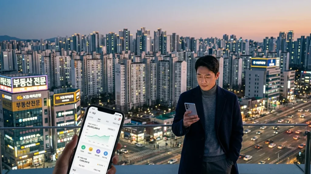 대도시의 한 아파트 단지를 광각으로 촬영한 사진으로, 부동산과 재정적 안정이라는 개념을 강조한다. 전경에는 한 한국 남성이 스마트폰으로 은행 앱을 보고 있다.