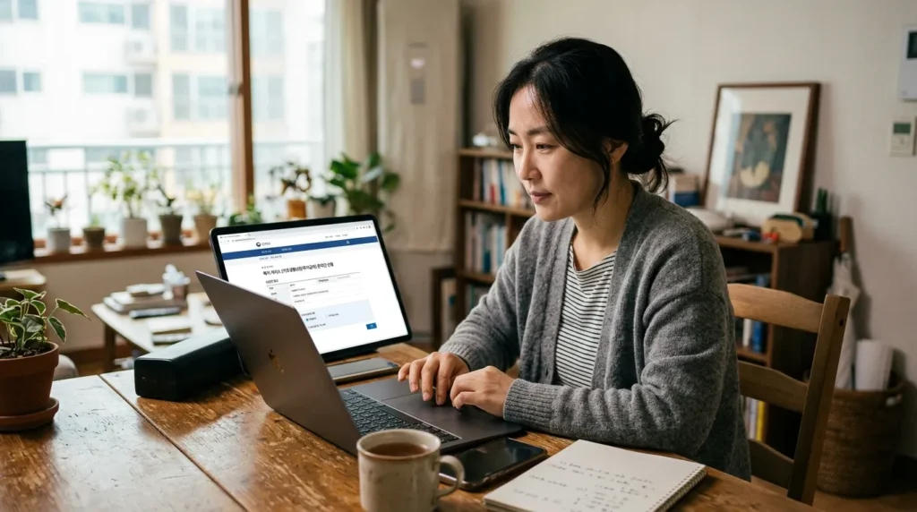 고화질 사진으로, 한 한국 여성이 집에서 노트북을 이용해 정부 복지 혜택을 온라인으로 신청하고 있다. 화면에는 간소화된 정부 포털이 표시된다.