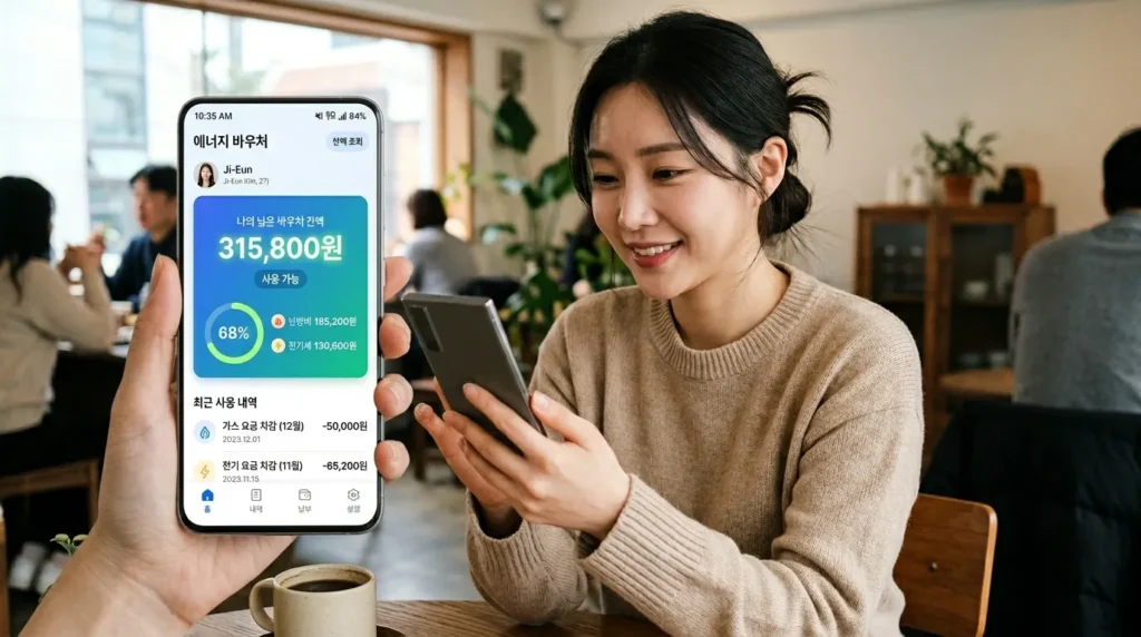 첨단 디지털 인터페이스는 한국인이 스마트폰으로 에너지 바우처 잔액을 확인하는 모습을 보여줍니다. 깔끔한 대시보드에는 남은 크레딧이 표시되며, 모던한 디자인이 돋보입니다.
