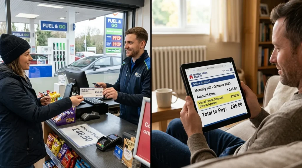 전문적인 인포그래픽은 다양한 규모의 한국 가정을 스타일리시하게 표현하고, 1인, 2인, 3인 이상 가구에 대한 에너지 바우처 지원 금액을 숫자로 명확하게 표시합니다.