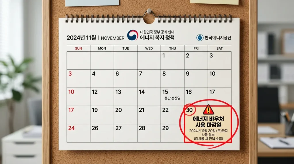 전문적인 달력에는 에너지 바우처 사용 기한이 강조 표시되어 있으며, 경고 아이콘과 한국 정부 인장이 표시되어 공식 정책 규정 준수를 나타냅니다.