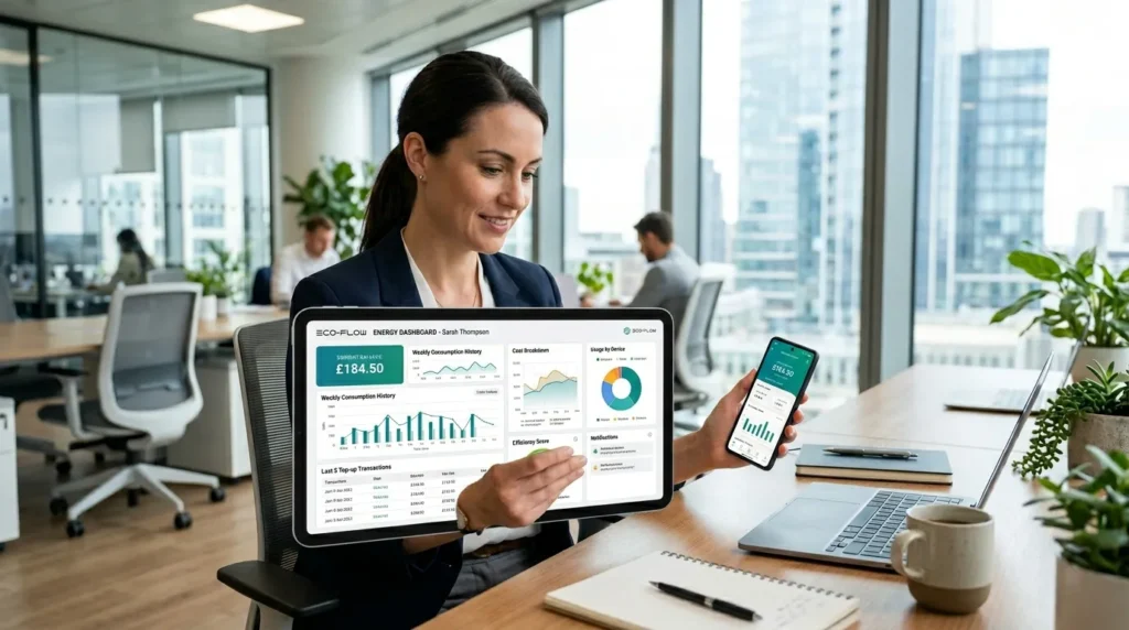 태블릿과 스마트폰으로 에너지 바우처 잔액을 확인하는 전문가의 모습입니다. 디지털 대시보드에는 사용량 통계가 표시됩니다. 배경은 깔끔하고 현대적인 사무실입니다.