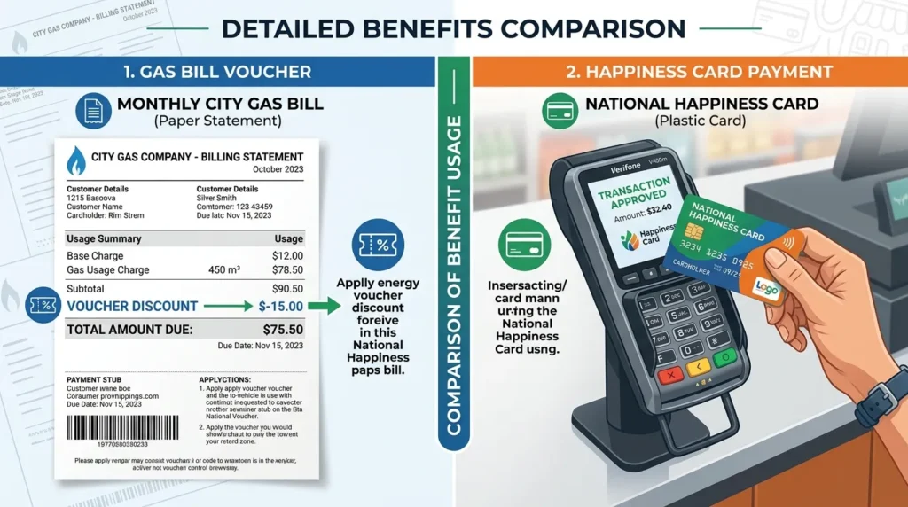 도시 가스 요금 고지서에 '바우처 할인' 항목이 표시된 것과 단말기에서 사용하는 플라스틱 '국민 행복 카드'를 비교하는 상세 그래픽입니다. 간결하고 명확한 레이아웃입니다.