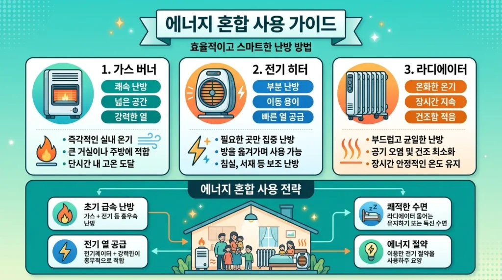 가스 버너, 전기 히터, 라디에이터 등 다양한 에너지 유형을 보여주는 유용한 안내 그림입니다. 각 유형에 대한 한국어 설명이 표시되어 있습니다. '복합 사용량'에 초점을 맞추고 있습니다.
