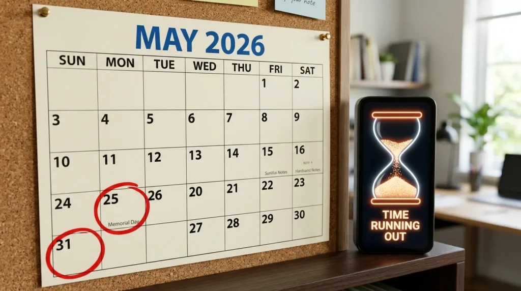 2026년 5월 달력에 25일과 31일을 빨간색 원으로 표시하고, 옆에는 시간이 얼마 남지 않았음을 상징하는 디지털 모래시계 아이콘이 있습니다.