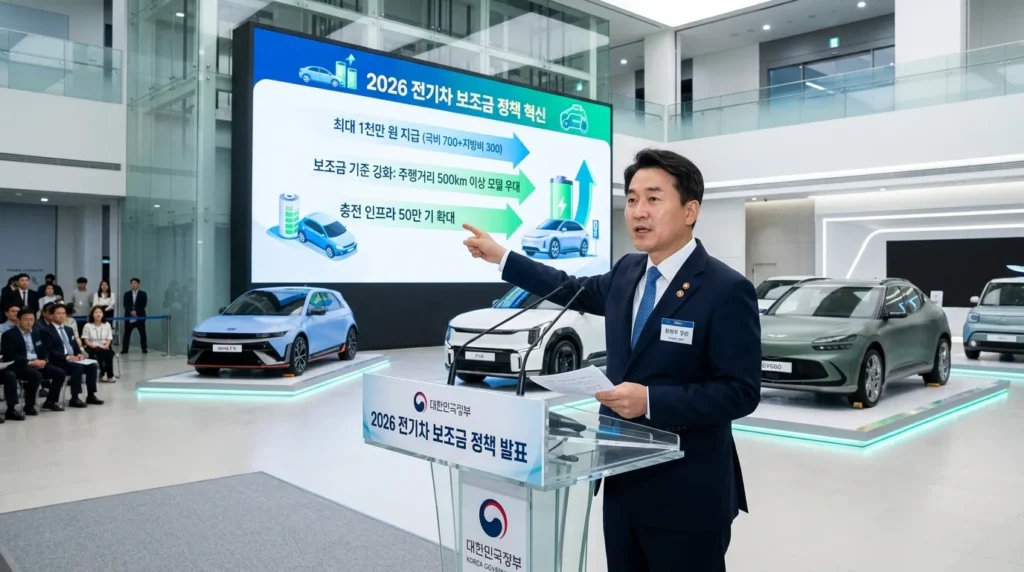 한국 정부 관계자가 연단에서 2026년 전기차 보조금 정책 발표하는 모습. 발표장 배경에는 다양한 최신 전기차 모델들이 전시되어 있으며, 관계자는 슬라이드를 가리키며 설명하고 있다. 전체적으로 미래지향적이고 깨끗한 분위기이다.