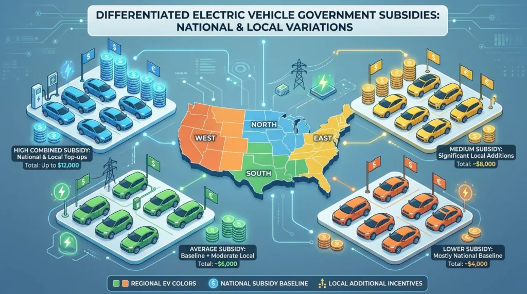 전국 지도를 배경으로 각 지역마다 다른 색깔의 전기차 아이콘이 표시되어 국고 및 지자체 보조금의 차등 지원을 시각적으로 나타내는 모습. 여러 개의 아이콘이 각각 다른 보조금 금액을 상징하는 작은 표식과 함께 배치되어 있다.