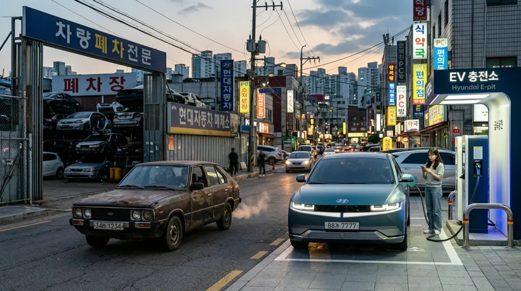 낡은 내연기관차가 폐차장으로 향하고, 그 옆으로는 세련된 디자인의 새 전기차가 충전소에서 충전 중인 모습. 두 차량이 대비를 이루며 노후차에서 친환경 전기차로의 전환을 시각적으로 상징한다. 한국 도시 풍경을 배경으로 한다.