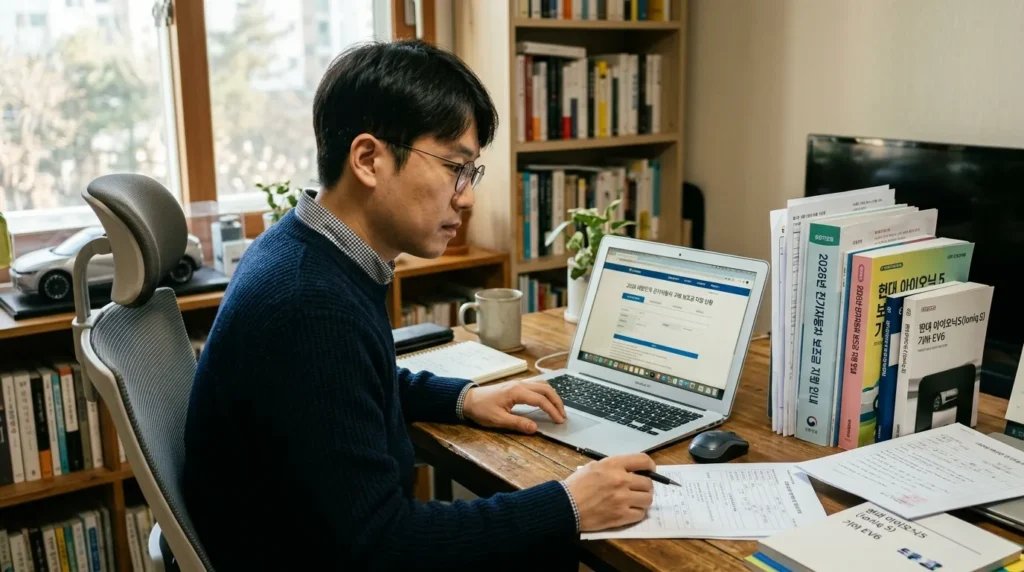 한 한국인 개인이 노트북 앞에 앉아 2026년 전기차 보조금 신청 서류를 꼼꼼히 검토하고 있는 모습. 옆에는 여러 서류와 전기차 관련 안내 책자가 놓여 있으며, 모니터에는 온라인 신청 웹페이지가 열려 있다. 차분하고 집중하는 표정이다.