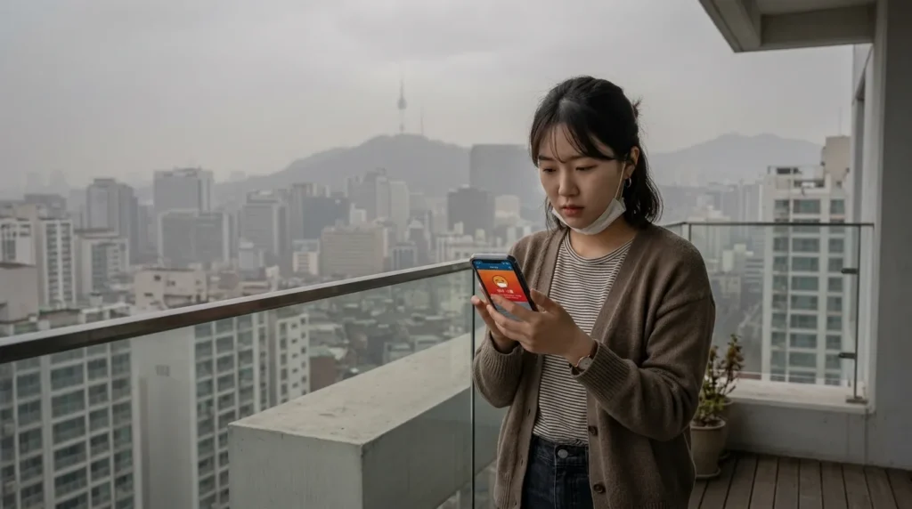 한국인 여성이 스마트폰으로 미세먼지 농도를 확인하고 있으며, 뒤로는 희미하게 미세먼지로 가려진 도시 스카이라인이 보인다. 스마트폰 화면에는 '매우 나쁨' 이모티콘이 표시되어 있다.
