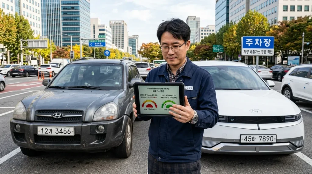 한국인 남성이 태블릿으로 자신의 차량 배출가스 등급을 확인하는 모습. 옆에는 오래된 디젤 승용차와 최신 전기차 모델이 나란히 주차되어 있어 등급 차이를 시각적으로 보여준다.