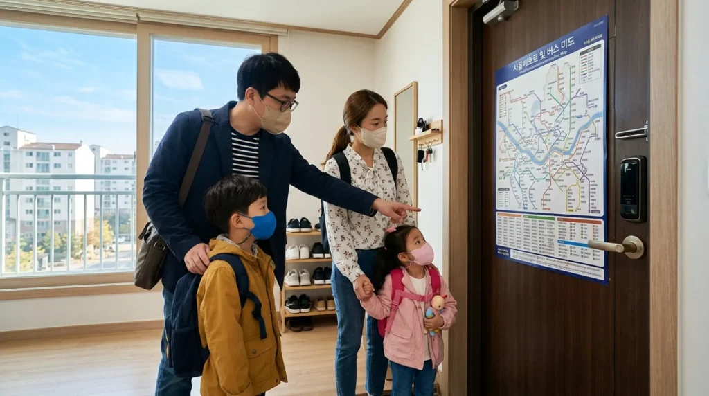 한국인 가족(부모와 어린 자녀)이 마스크를 착용하고 외출 준비를 하며, 현관문 옆에 부착된 대중교통 노선도를 함께 보고 있는 모습. 집안은 깔끔하고 밝은 분위기이며, 창밖으로는 미세먼지 없는 맑은 하늘이 보인다.