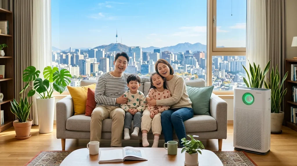 한국인 가족이 거실에서 공기청정기 옆에 앉아 맑은 공기를 마시며 행복하게 미소 짓고 있다. 창밖으로는 미세먼지 없이 푸른 하늘이 펼쳐진 도시 풍경이 보인다.