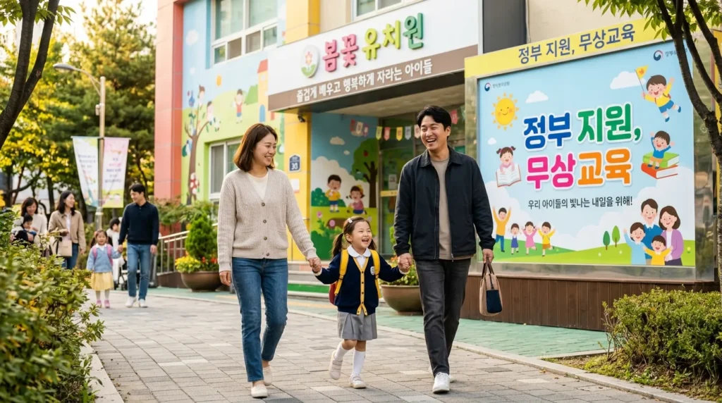 한국인 부모가 아이의 손을 잡고 행복하게 유치원 문을 나서고 있으며, 배경에는 정부가 지원하는 무상교육을 상징하는 밝고 긍정적인 그래픽이 보인다.