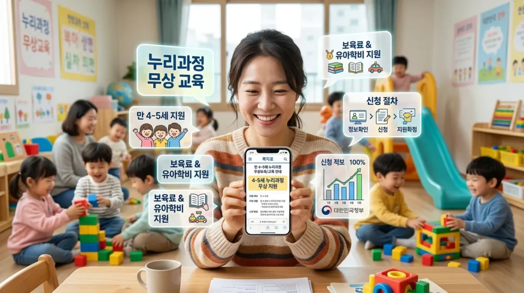손에 든 스마트폰으로 정부의 4~5세 무상교육 안내문을 확인하며 미소 짓는 한국인 부모의 모습. 주변에는 놀고 있는 아이들과 교육 관련 정보 그래픽이 떠다닌다.