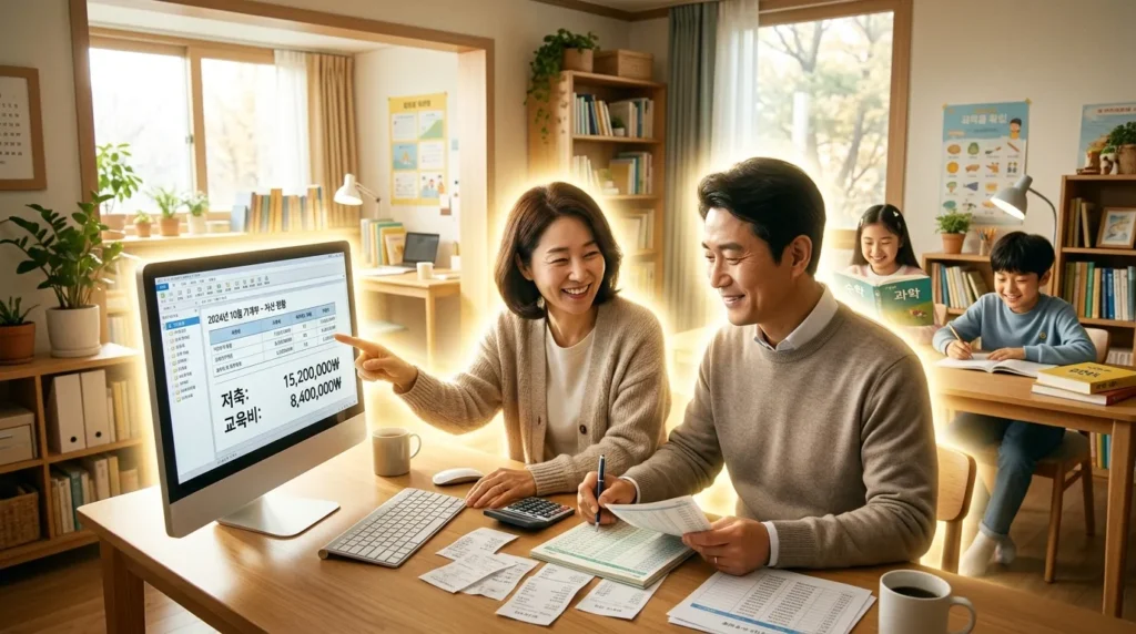 한국인 부모가 컴퓨터 앞에서 가계부를 정리하며 흐뭇하게 미소 짓고 있다. 뒤로는 아이들이 즐겁게 학습하는 모습이 보이며, 경제적 여유와 교육적 혜택을 상징하는 밝은 빛이 주변을 감싸고 있다.