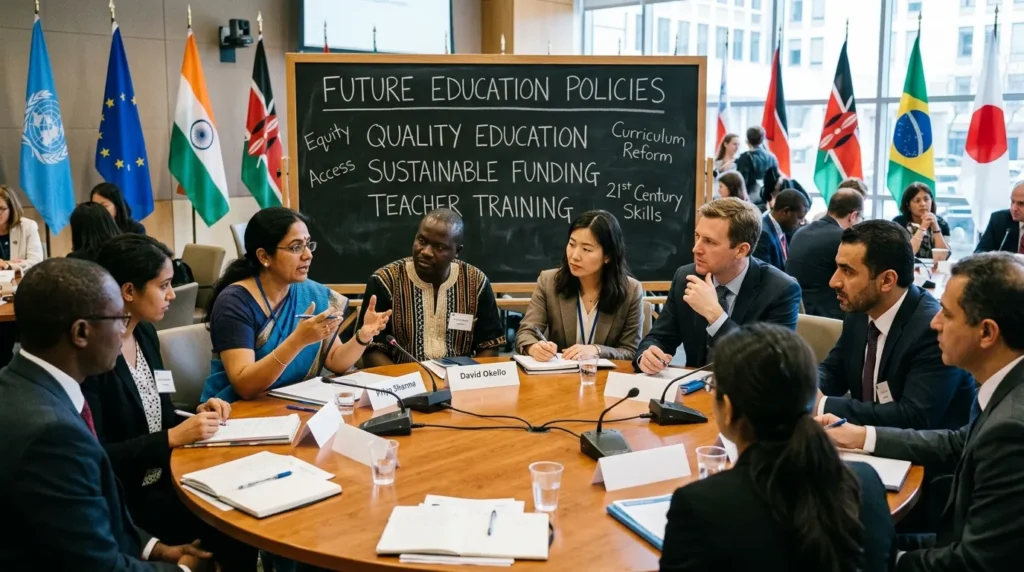 다양한 국적의 사람들이 모여 미래 교육 정책에 대해 진지하게 토론하고 있는 모습. 칠판에는 'Quality Education', 'Sustainable Funding', 'Teacher Training' 등의 키워드가 적혀 있다.