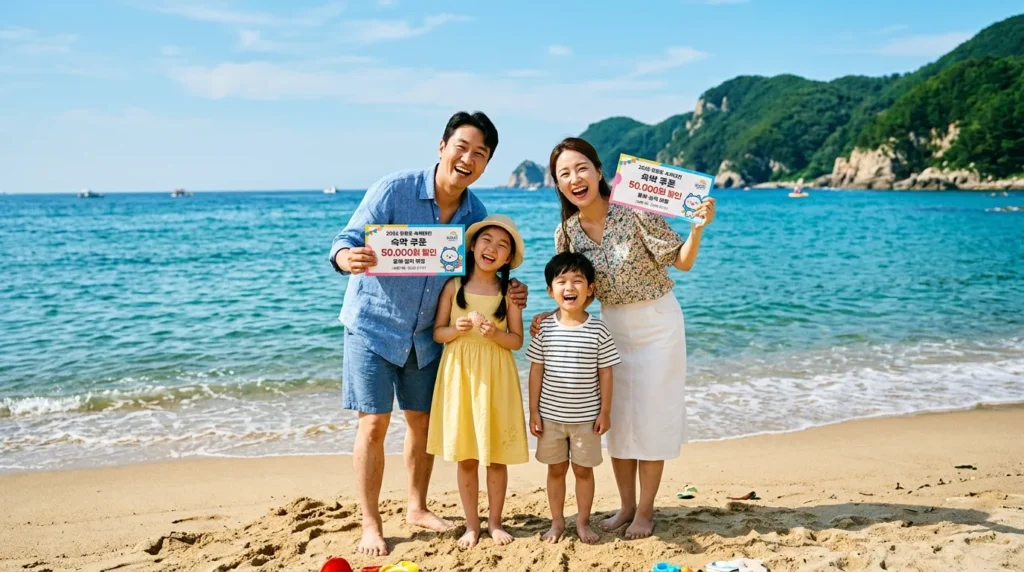 2026년 강원도 동해의 맑고 푸른 바다를 배경으로, 가족 단위 한국인 여행객들이 웃으며 숙소 쿠폰을 들고 있는 모습. 따뜻한 햇살이 비추고 있으며, 파란색과 녹색이 조화롭게 어우러진 풍경이다.