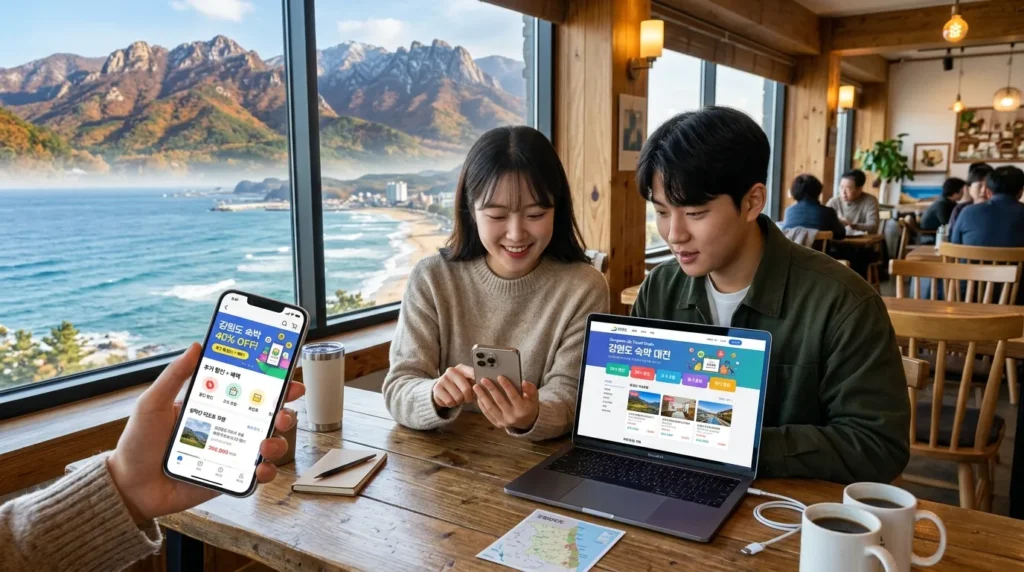 한국인 여행객들이 노트북과 스마트폰으로 강원도 숙박 쿠폰을 검색하고 있는 모습. 화면에는 다양한 할인율과 혜택이 다채로운 아이콘과 함께 표시되어 있으며, 주변에는 강원도의 대표적인 관광지인 설악산과 동해 바다의 이미지가 배경으로 깔려 있다.