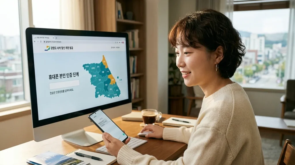 한국인 여성이 강원도 지도가 보이는 컴퓨터 화면 앞에서 강원도 숙박 할인 쿠폰 발급 절차를 따라하는 모습. 옆에는 휴대폰으로 인증하는 과정이 보이고, 전체적으로 쉽고 편리하게 쿠폰을 얻을 수 있음을 암시한다.
