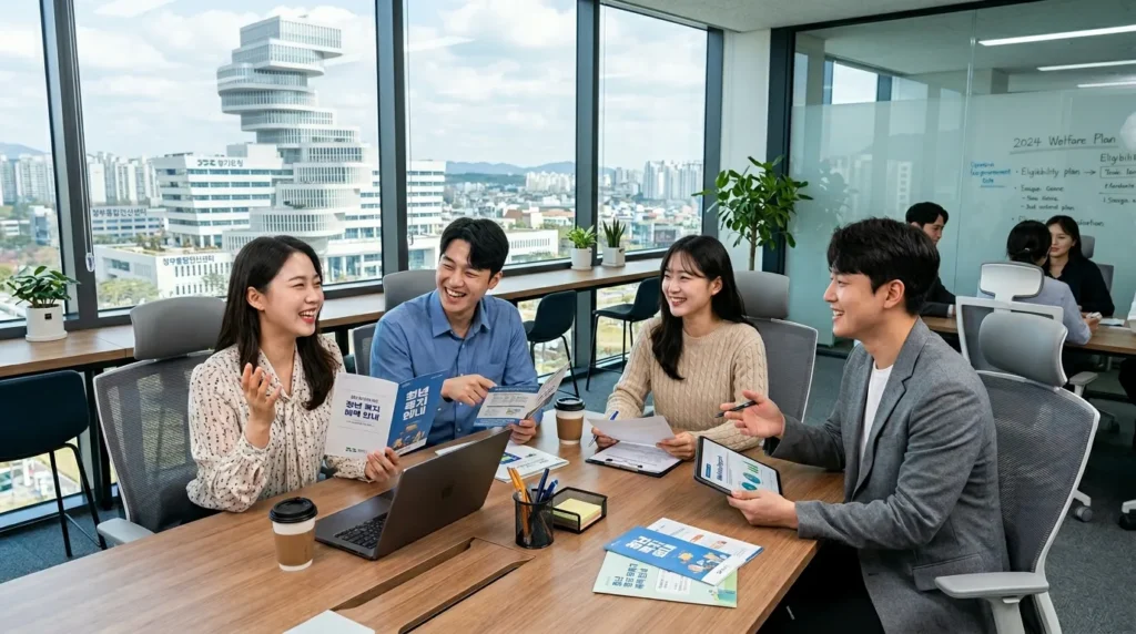 경기도청 전경과 함께 청년들이 밝게 웃으며 복지 혜택을 논의하는 현대적인 오피스 환경의 모습, 한국인 청년 남녀 모델