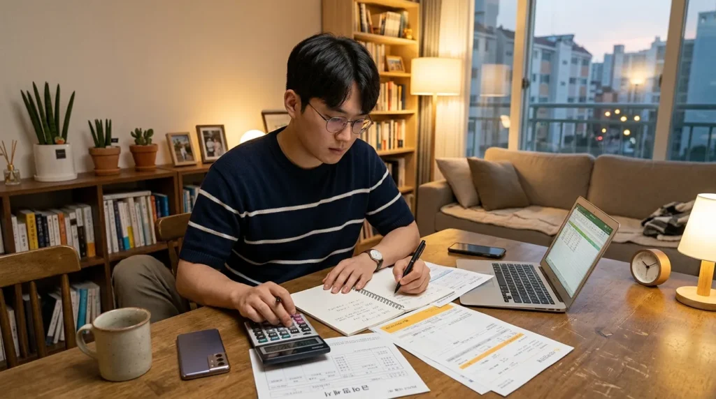 서류와 계산기를 들고 자신의 소득을 꼼꼼하게 체크하는 한국인 청년 노동자의 모습, 집 안 거실 배경