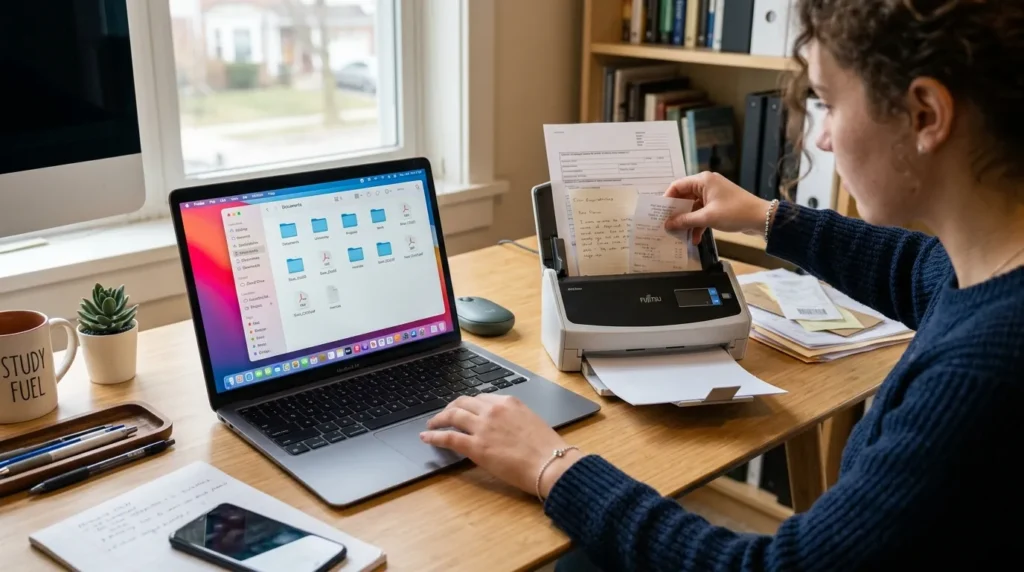 노트북 앞에서 각종 서류를 스캔하거나 디지털 파일을 정리하는 청년의 손길, 깔끔한 데스크테리어 환경