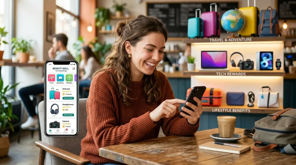 스마트폰 앱을 통해 전용 온라인 몰에서 쇼핑을 즐기는 청년, 배경에는 여행 용품과 전자기기 등 복지 혜택의 다양한 품목들이 상징적으로 표현됨