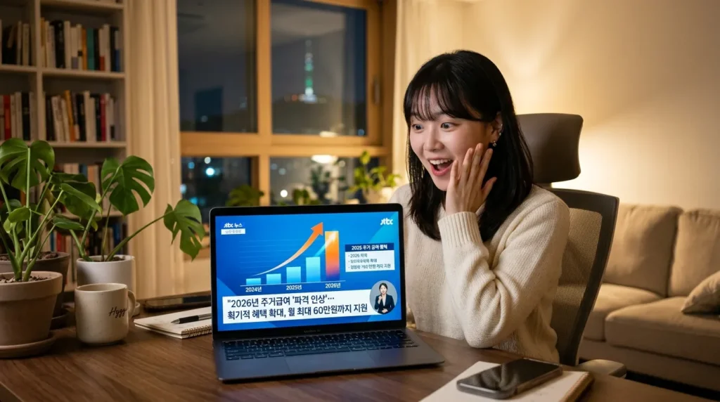 한국인 여성이 노트북 앞에 앉아 2026년 주거급여 인상에 대한 뉴스를 보며 놀란 표정을 짓고 있는 모습. 화면에는 막대 그래프가 급격히 상승하는 이미지와 '2026년 주거급여 대폭 인상'이라는 헤드라인이 보인다.