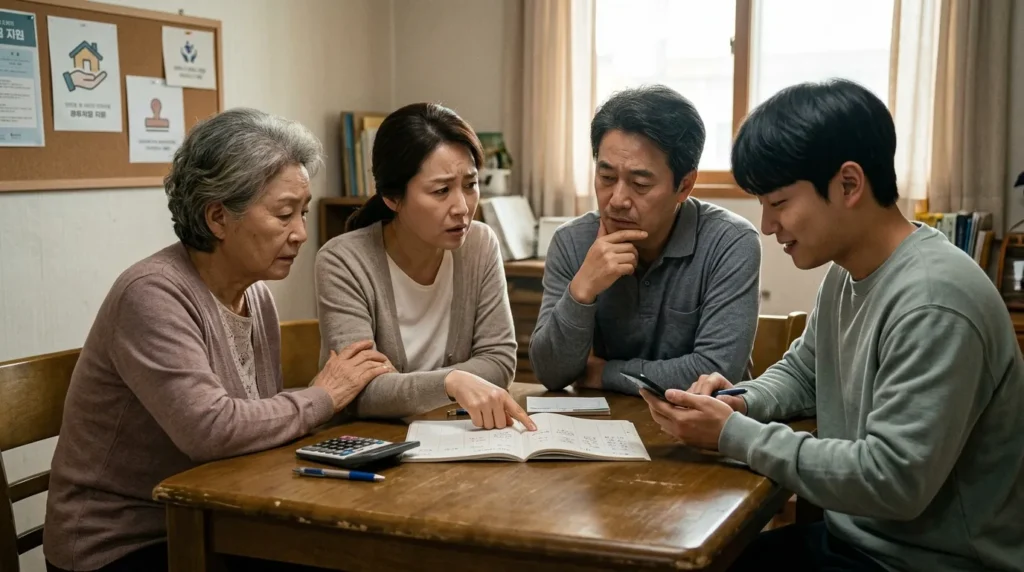 한국인 가족 구성원들이 모여 앉아 가계부를 보며 소득과 재산을 계산하고 있는 모습. 고민하는 표정과 희망적인 표정이 교차한다. 배경에는 정부 지원을 나타내는 아이콘들이 은은하게 보인다.