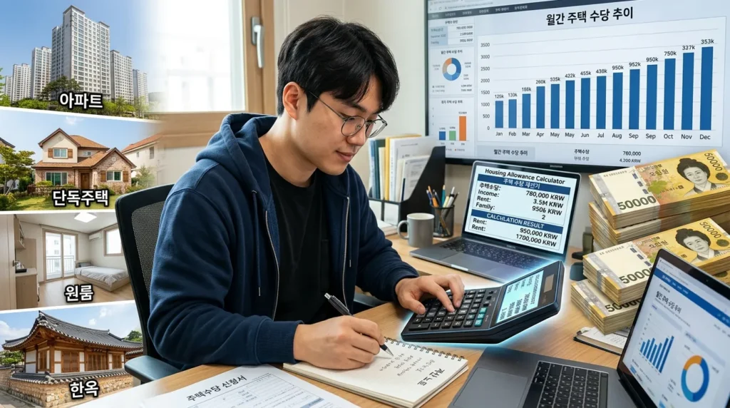 한국인 청년이 복잡한 계산기로 주거급여 금액을 계산하는 모습. 주변에 다양한 주택 유형과 돈뭉치 이미지가 그래프와 함께 배경으로 합성되어 있다. '주거급여 계산기'라는 텍스트가 화면에 보인다.