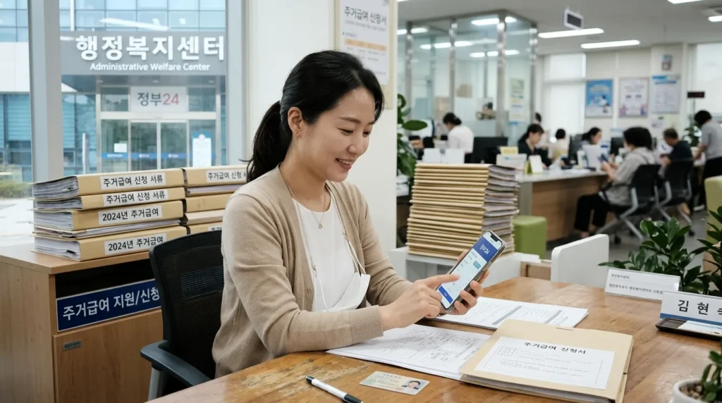 한국인 여성이 스마트폰으로 정부24 앱을 통해 주거급여를 신청하는 모습. 뒤에는 서류 더미와 함께 행정복지센터 건물이 흐릿하게 보인다. 온라인 신청과 방문 신청을 동시에 암시한다.
