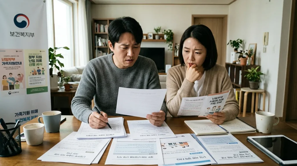 한국인 난임 부부가 정부 정책 문서를 살펴보는 모습, 테이블 위에 난임 지원 정책 관련 서류들이 펼쳐져 있고 부부가 진지한 표정으로 내용을 검토하고 있다. 뒤에는 보건복지부 로고가 희미하게 보인다.