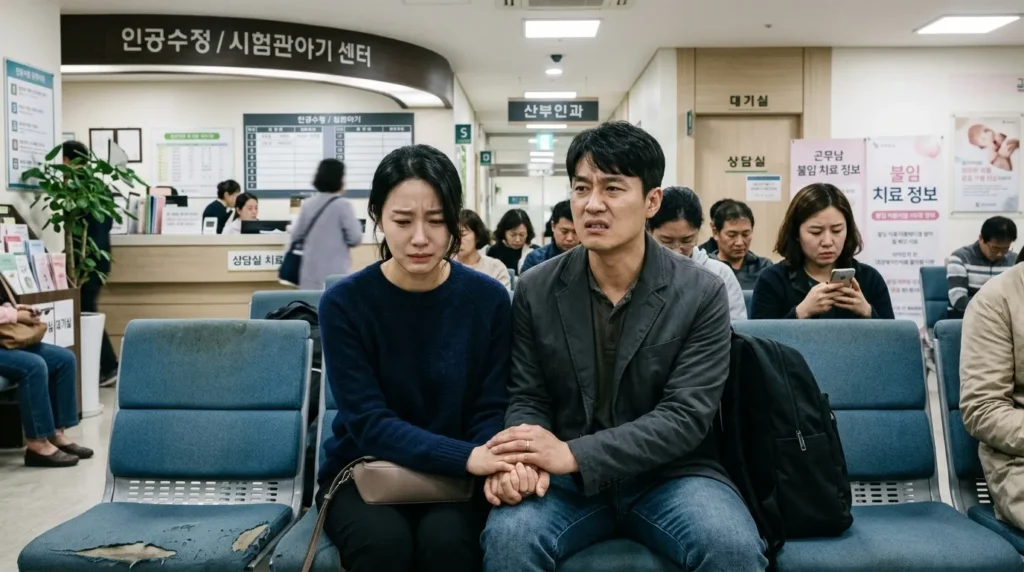 초조한 표정의 한국인 난임 부부가 병원 대기실에서 서로의 손을 잡고 앉아 있는 모습, 주변에 다른 환자들이 보이고 부부의 얼굴에는 깊은 고민과 걱정이 드리워져 있다.