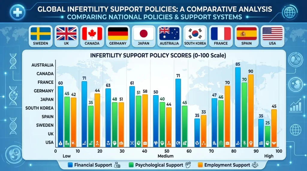 전 세계 여러 국가의 국기들이 나열되어 있고, 그 아래에 난임 지원 정책 비교 그래프가 펼쳐진 모습, 그래프에는 각국의 재정 지원, 심리 지원, 직장 지원 등의 항목이 시각적으로 비교되어 있다.