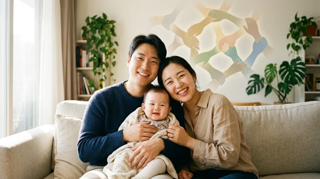 따뜻한 미소를 짓는 한국인 부부가 아기를 안고 행복해하는 모습, 배경에는 유기적인 지원 네트워크를 상징하는 손들이 연결된 그래픽 요소가 희미하게 보이는 모습. 따뜻하고 희망적인 분위기이다.