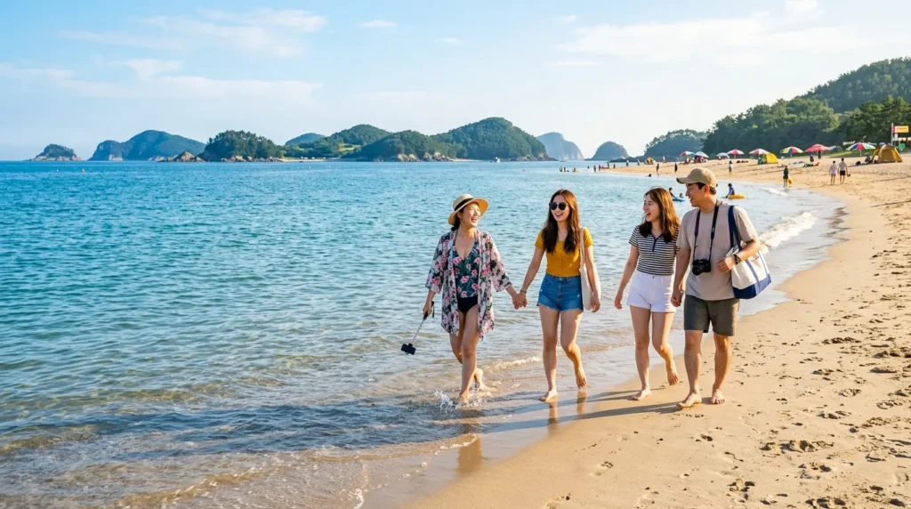 한국인 관광객들이 전남의 아름다운 해변에서 즐겁게 시간을 보내는 모습. 푸른 바다와 고운 모래사장, 멀리 보이는 섬들이 조화를 이룬다. 햇살이 따뜻하게 내리쬐는 평화로운 풍경.