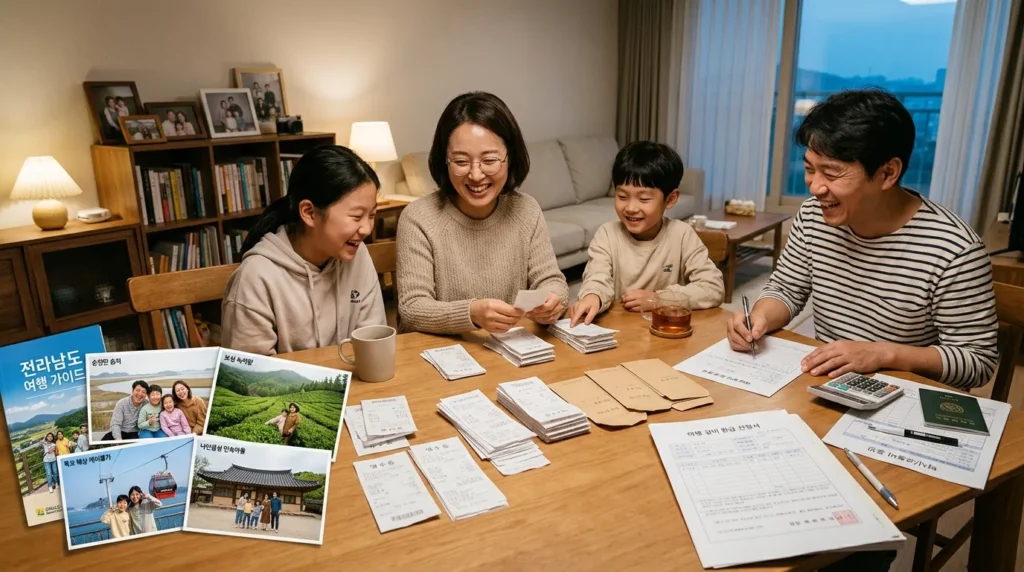한 한국인 가족이 여행 후 영수증을 모아 정리하며 즐겁게 환급 신청 서류를 준비하는 모습. 옆에는 전남 여행지에서 찍은 사진들이 놓여 있고, 만족스러운 표정을 짓고 있다.