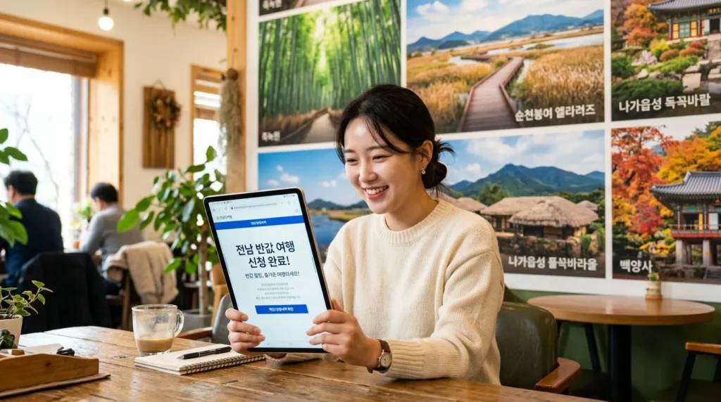 한국인 여성이 태블릿으로 전남 반값여행 신청 페이지를 쉽고 빠르게 작성하는 모습. 주변에는 전남의 아름다운 관광지 사진들이 배경으로 펼쳐져 있고, 화면에는 '신청 완료' 메시지가 떠 있다.