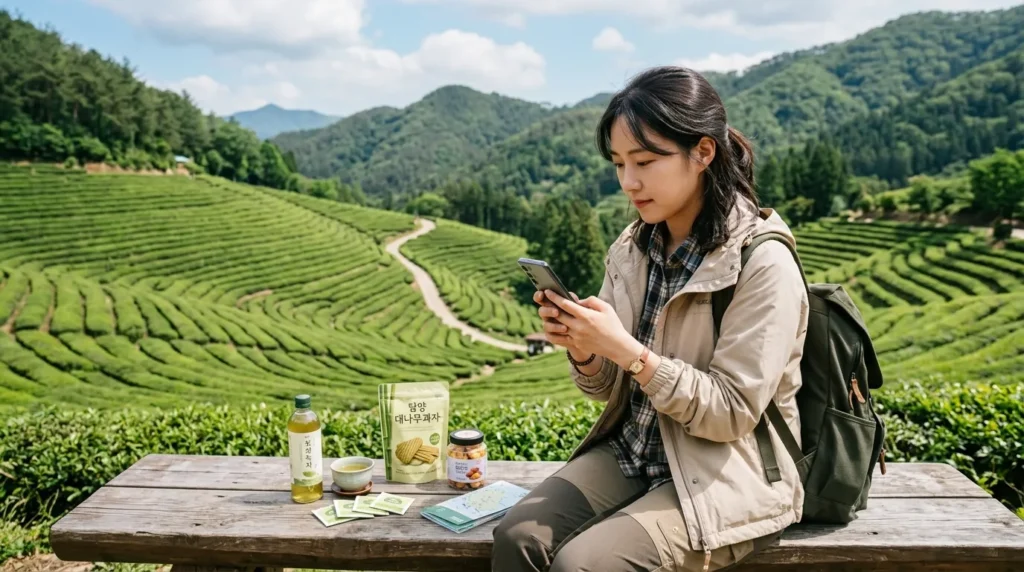 한국인 여행객이 전남의 아름다운 경치를 배경으로 스마트폰을 보며 여행 가이드 앱과 정보를 꼼꼼히 확인하는 모습. 옆에는 전남의 특산품이 놓여있다.