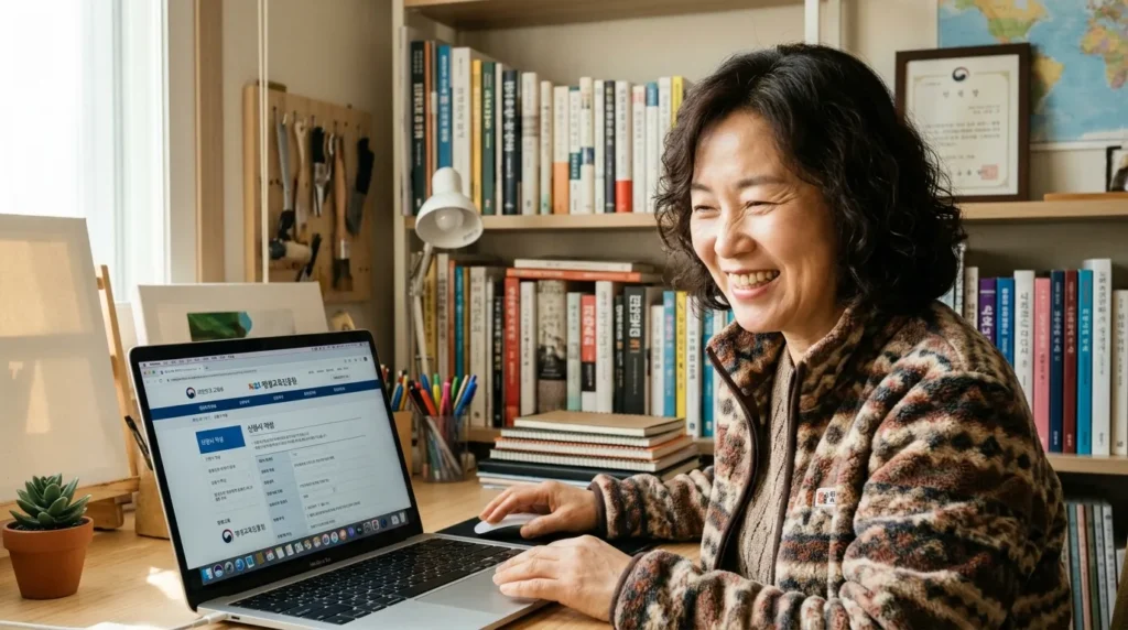한 한국인이 노트북 앞에서 평생교육이용권 신청 웹사이트를 보고 밝게 웃는 모습. 배경에는 다양한 학습 도구와 책이 정돈되어 있다.