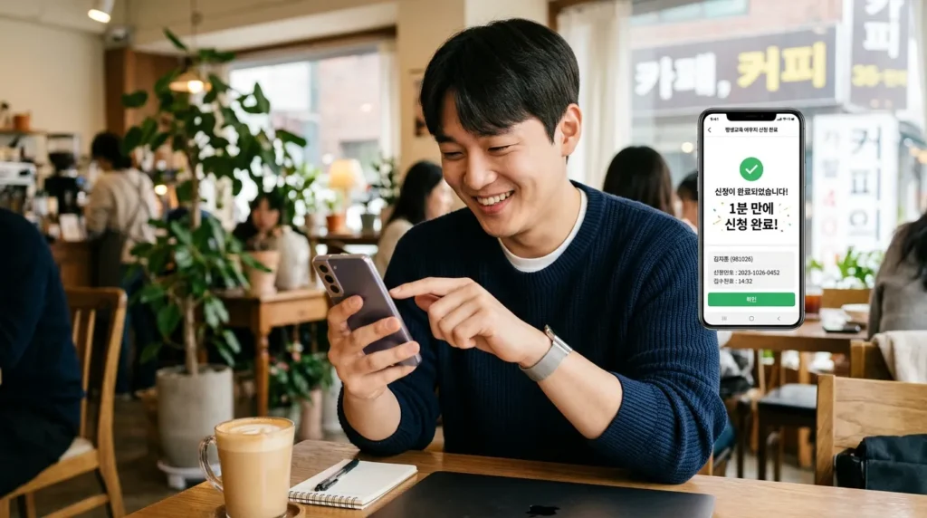 한국인 청년이 스마트폰으로 평생교육이용권 신청 앱을 쉽고 빠르게 조작하는 모습. 옆에는 '1분 컷 신청 완료!'라는 문구가 UI에 보인다.