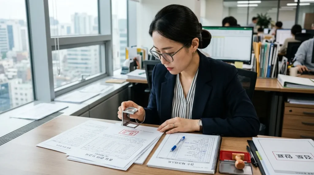 한국인 여성이 서류를 꼼꼼히 검토하며, '주의사항'이라고 적힌 빨간색 도장을 확인하는 모습. 옆에는 체크리스트와 돋보기가 놓여있다.