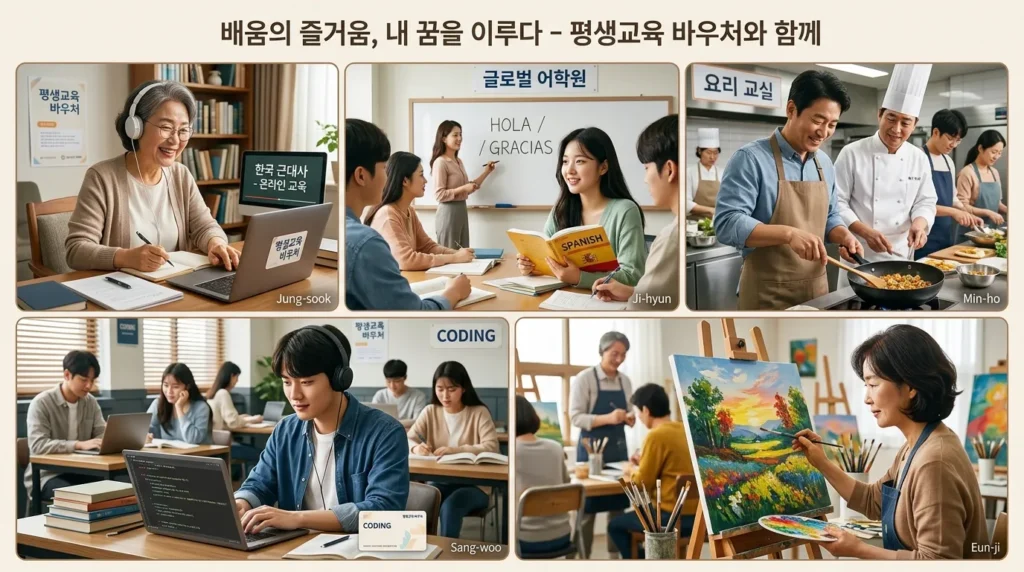 다양한 연령대의 한국인들이 각자의 관심 분야를 학습하는 모습이 담긴 콜라주. 한 사람은 온라인 강의를 듣고 있고, 다른 사람은 학원에서 외국어를 배우며, 또 다른 사람은 요리 교실에서 실습하는 등 다채로운 평생교육 현장을 보여준다. 배경에 평생교육이용권 로고가 은은하게 보인다.