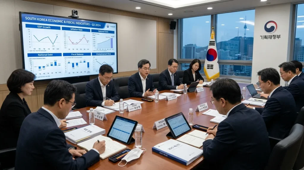 한국 정부 관계자들이 회의실에 모여 경제 지표가 표시된 대형 스크린을 보며 진지하게 재정 정책에 대해 논의하는 모습. 테이블 위에는 서류와 태블릿이 놓여 있다.