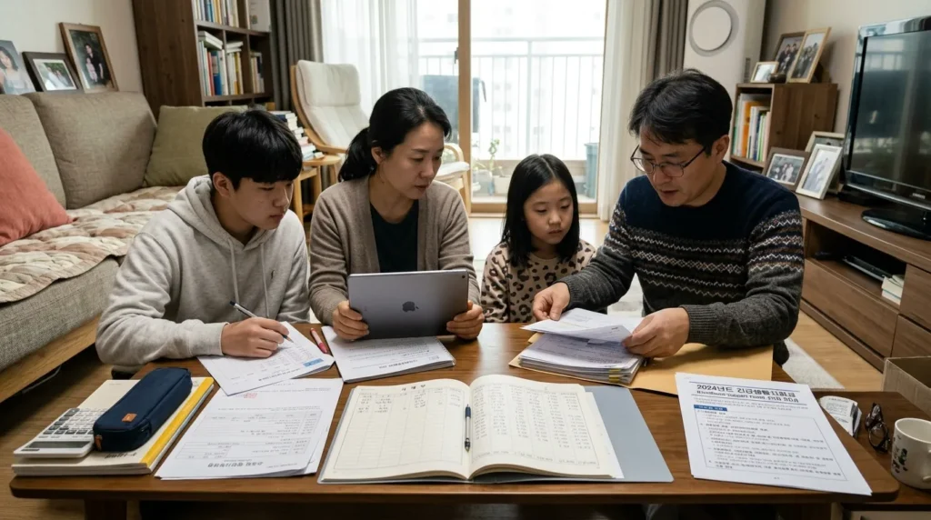 한국인 가족이 거실에서 태블릿을 보며 소득 증명 서류와 가계부를 정리하는 모습. 옆에는 '민생지원금'이라는 제목의 안내문이 놓여 있다.
