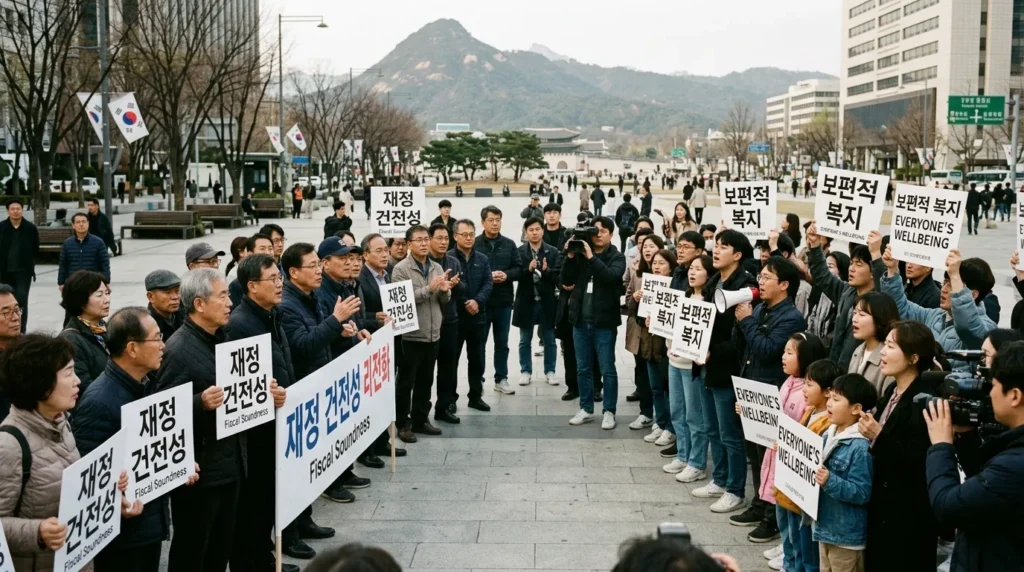 한국인 시민들이 광장에서 '재정 건전성'과 '보편적 복지'라고 쓰인 피켓을 들고 활발하게 토론하는 모습. 서로 다른 의견을 나누는 두 그룹의 사람들이 보인다.