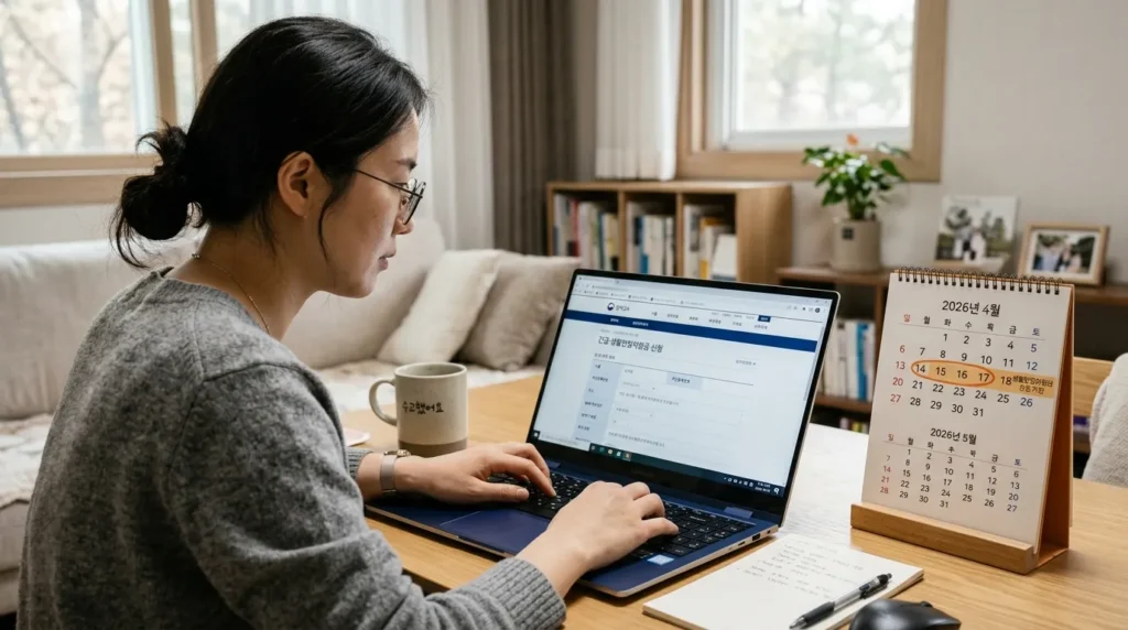 한국인이 노트북으로 정부24 웹사이트에서 민생지원금 신청 양식을 작성하고 있으며, 옆에는 2026년 4월과 5월 일정이 표시된 달력이 놓여 있는 모습.